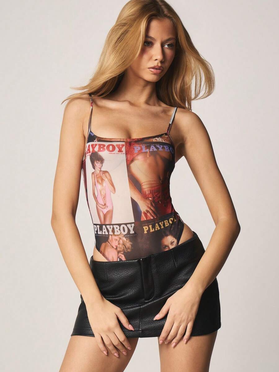 Missguided x Playboy 复古吊带连体衣，杂志拼贴印花，细肩带修身连体上衣，充满怀旧时尚气息 - 彩色 - 查看 1