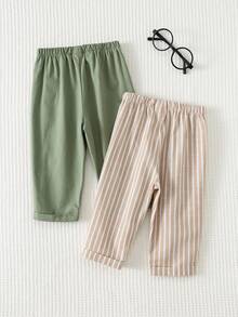 Cozy Pixies 2pcs Baby Boy Elastic Waist Pants With Decorative Ribbon - Green - View 2
