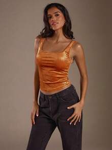 SHEIN Glamour Áo tank top hai dây ôm sát, chất liệu vải bóng, phong cách đường phố năng động, gợi cảm dành cho nữ, thích hợp cho các bữa tiệc đêm và mặc hàng ngày. - trái cam - Xem 5