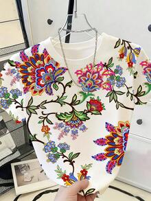 Resyla Camiseta de mujer de manga corta con cuello redondo, estampado floral y de uso versátil - Multicolor - Ver 3