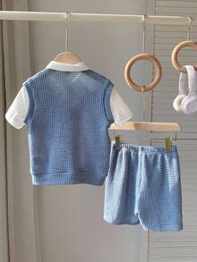 SHEIN 2 Stücke/Set Kleine Jungen Lässig Komfortable Mode Minimalistisch Praktisch Vielseitig Waffel Stoff Buchstaben Grafik Kurzarm T-Shirt und Shorts Set, geeignet für den täglichen Gebrauch, Schule, Ausflüge, Sport, Frühling/Sommer - Blau - Übersicht 4