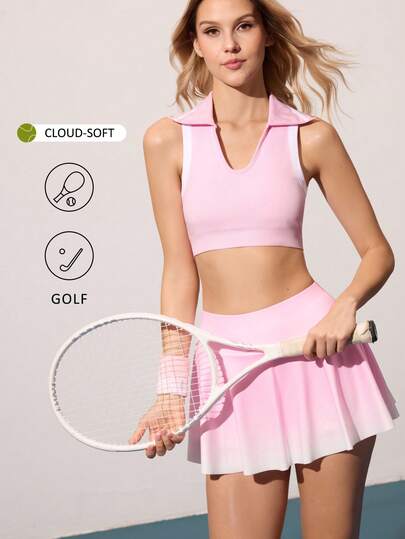  CourtClass Seamless High Stretch Contrast Color Polo Collar Sports Bra For Women, Suitable For Workout, Yoga, Tennis And Other Activities