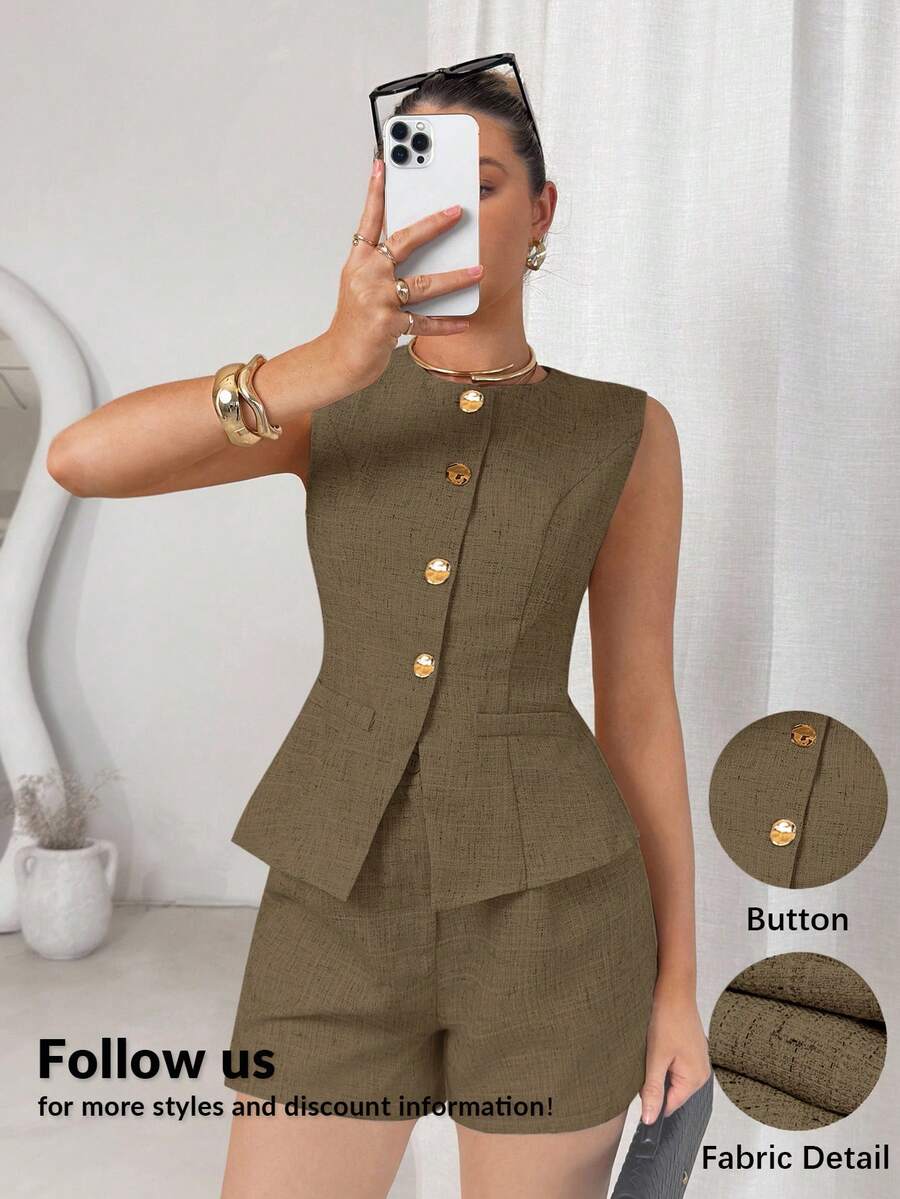 Lavishia 女士纯色金属单排扣背心和短裤休闲通勤两件套 - 棕色 - 查看 1