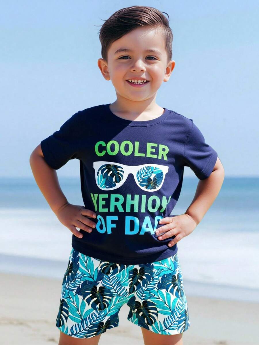 Baby Boy Fashionable & Comfortable Casual Crew Neck Short Sleeve T-Shirt Set, Leaf Print & Slogan Graphic Design, Relaxed Fit, Suitable For Spring/Summer Vacation, Outdoor, School, Party, Gift - Multicolor - View 1