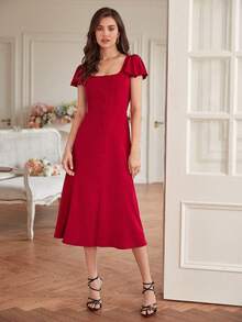 Poéselle Square Neck Butterfly Sleeve Button Front Dress - Burgundy - View 5