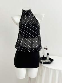 Elamini Black Polka Dot Print High Neck Halter Backless Mini Dress, Women's Spring/Summer , Vacation, Retro, Elegant, Commute, Office, Minimalist, Versatile - Black - View 6