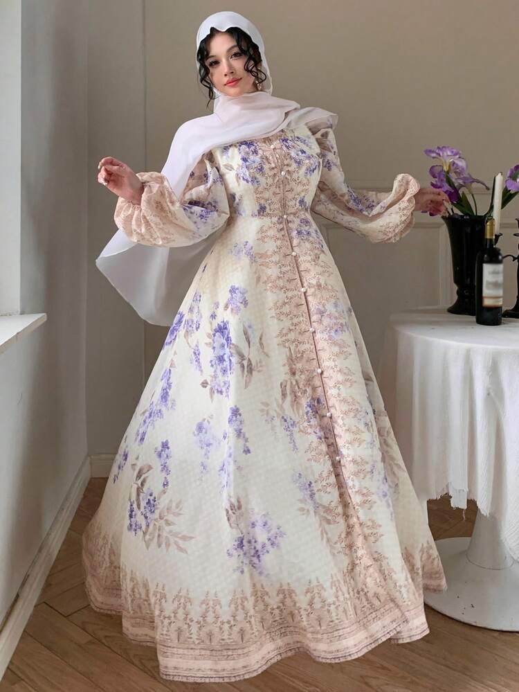 Women's Mandarin Collar Floral Print Dress, Elegant Palace Style Sundress