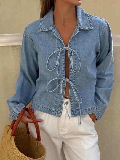DAZY Women's Lapel Bow Tie Loose Long Sleeve Casual Denim Blouse