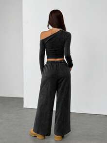 SHEIN PETITE Women's Daily Wear Essentials Knit Stretchy Comfy Asymmetrical Neck Long Sleeve Tops And Wide Leg Sweatpants Tracksuit Two Pieces Outfits Casual Two Piece Set Comfortable Two Piece Set - Black - View 3