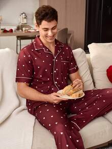 SHEIN Heart Print Short Sleeve & Long Pants Lapel Cardigan Pajama Set For Men - Burgundy - View 4