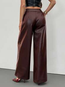 SHEIN Tall 女士纯色PU皮革口袋阔腿宽松裤 - 棕色 - 查看 3