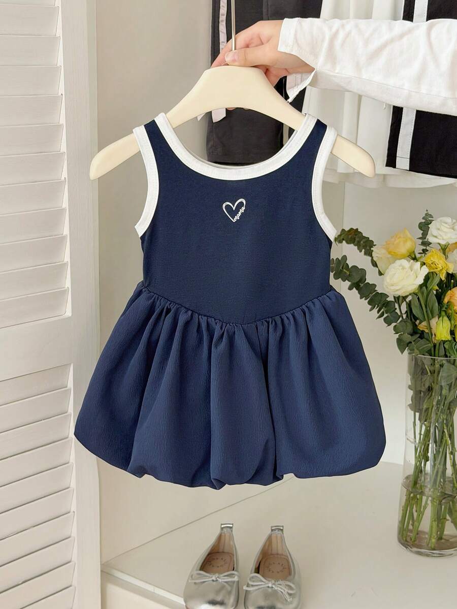 SHEIN Baby Girl Scoop Neck Contrast Trim Heart Print Sleeveless Dress - Navy Blue - View 1