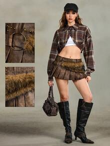 ROMWE EDITION Chân váy ngắn bằng da PU phối lông thú màu nâu kiểu retro Y2K gợi cảm dành cho nữ - màu nâu - Xem 8