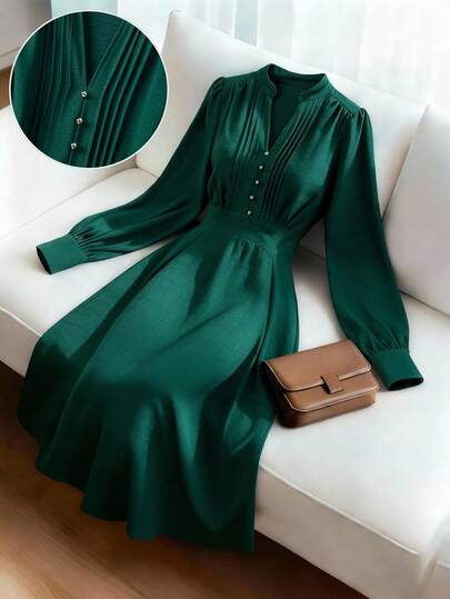 GlowEve CURVE Plus Size Women's Solid Color Pleated V-Neck Button Decor Waist A-Line Long Sleeve Elegant Midi Dress For Work & Everyday