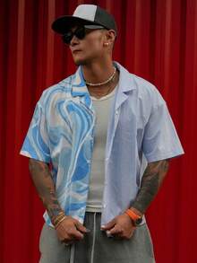 DAZY Men's Patchwork Contrast Color Digital Print & Solid Color Blue Shirt, Summer - Blue - View 3