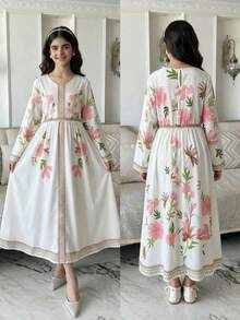 1pc Girls' Elegant Modest White And Pink Dress With Middle Eastern Details - White - View 8