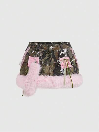 ROMWE J-Fashion Y2K Spicy Camouflage Patchwork Fuzzy Low-Waist Women Denim Mini Skirt