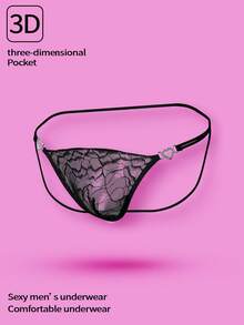 WENEZON 男士心形水钻装饰性感三角裤 - 黑色 - 查看 6