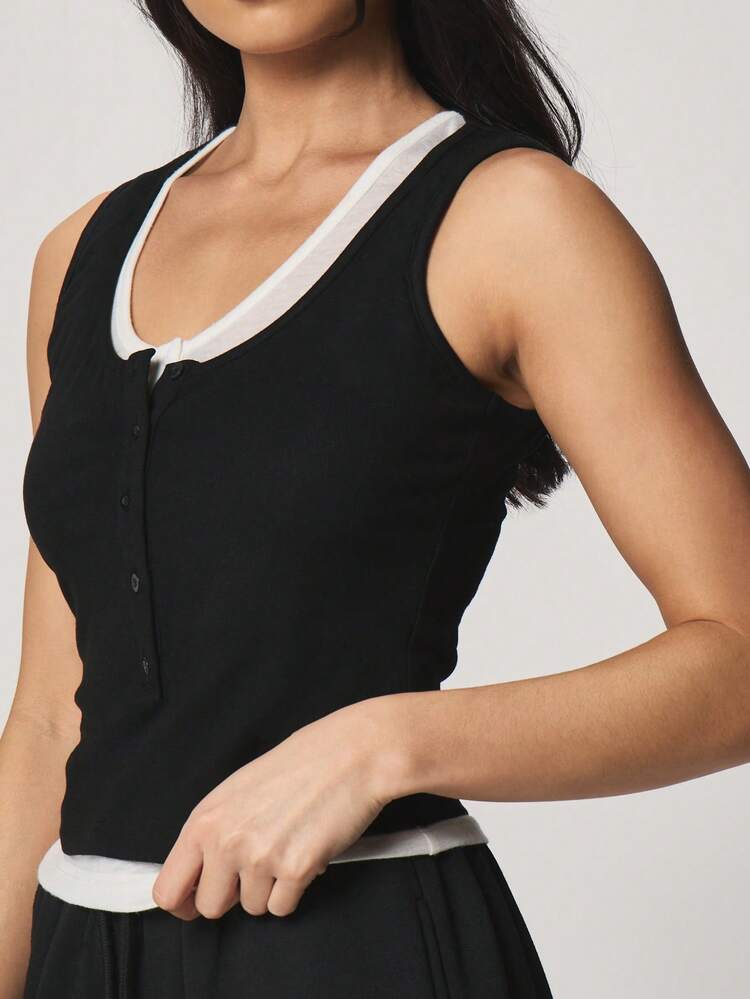 MISSGUIDED Layered Scoop Neck Button Front Sleeveless Tank Top With Ribbed Tank Underneath For Casual Everyday Layering