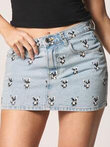 Missguided x Playboy Denim Mini Skirt With Character Print All Over Pattern High Waisted A Line Casual Summer Festival Cute Graphic Design Women Fashion Short Skirt - Blue - View 2