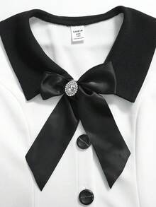 SHEIN 少女优雅翻领撞色羊腿袖连衣裙 - 白色 - 查看 2