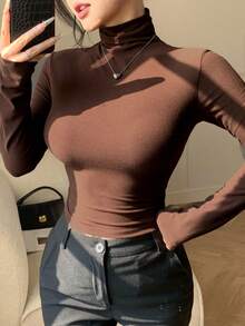 DAZY Top à col roulé manches longues slim fit marron patchwork de couleur unie pour femmes, convient pour l'automne et le printemps - Tabac - Voir 5