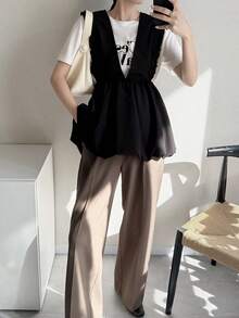 FRIFUL Women's Solid Color Layered Ruched Frill Trim Loose Casual Versatile Tank Top Summer - Black - View 2