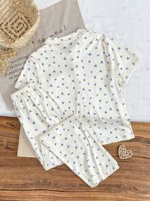 Girls'Ditsy Floral Pajama Set,Cute Beige Summer Sleepwear With Heart Pocket,Lace Trim,Collared Cardigan & Pants,Comfortable Soft 2 Piece Pajama Set - Apricot - View 2