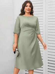 Reflora Đầm nữ cỡ lớn màu trơn cổ tròn tay loe eo nhún bèo thanh lịch - Màu xanh Bạc hà - Xem 3