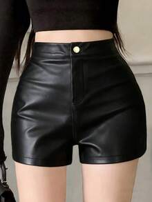DAZY Quần short nữ bằng da PU cài nút, kiểu dáng thường ngày, đa năng và phù hợp cho các buổi hẹn hò, phong cách Y2K. - màu đen - Xem 2