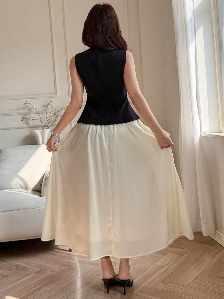 Women's Elegant Sequin Decor Round Neck Sleeveless Top And Contrast Color Skirt 2-Piece Set, Spring/Summer,Wedding Guest Dress Women