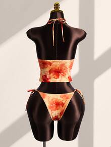 Zestiva Women's Summer New Beach Vacation Cute Random Floral Print Lace Trim Tankini Swimwear Two Pieces Set, Sexy Tie-Up Triangle Bottom Tankini Swimwear - Multicolor - View 3