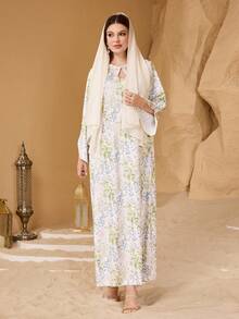 Al Najma 女士优雅浅色花卉印花精致串珠花朵设计日常阿拉伯风格连衣裙 - 彩色 - 查看 4
