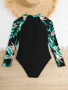 SHEIN 少女碎花长袖连体泳衣 - 黑色 - 查看 2