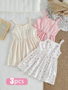 SHEIN 3件套女婴幼儿新生儿0-3岁弹力碎花无袖连衣裙套装，适合夏季度假和派对，休闲撞色，植物印花装饰弹力吊带背心，适合居家、户外、度假、聚会等多种场合。 - 彩色 - 查看 4