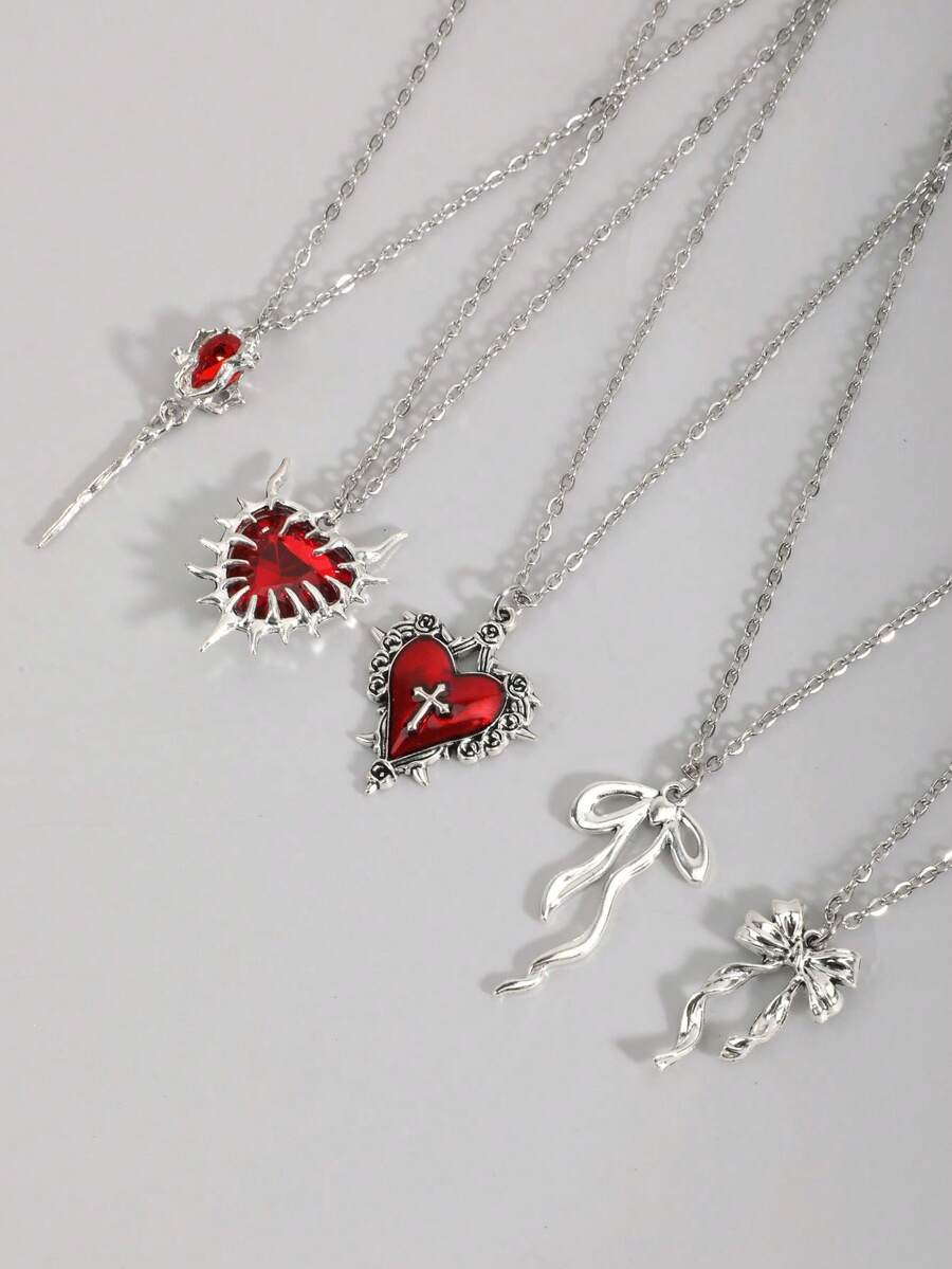 ROMWE Goth 5件套复古哥特风个性化荆棘玫瑰十字吊坠，玫瑰，荆棘爱心，蝴蝶结，时尚气质高雅甜美酷炫暗黑系新款女士项链套装，情人节礼物 - o-紅色 - 查看 1