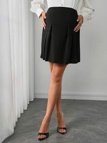 SHEIN Maternity Simple Commuter Solid Color Flap Detail Skirt - Black - View 4