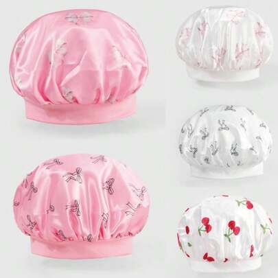 ROMWE Kawaii 1 Pack Women's Bow Nightcap Wide-Brimmed Elastic Cherry Print Hair Cap