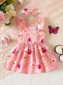 SHEIN Bộ 2 món váy không tay và băng đô in họa tiết hoa màu nước dễ thương cho bé gái, thích hợp cho mùa hè. - Hồng - Xem 2