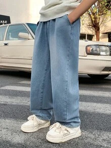 青少年男孩时尚休闲复古酷炫街头宽松舒适清爽后袋设计蓝色牛仔宽松锥形牛仔裤，适合日常穿着以及春夏锐舞节和街头服饰。 - 藍色 - 查看 3