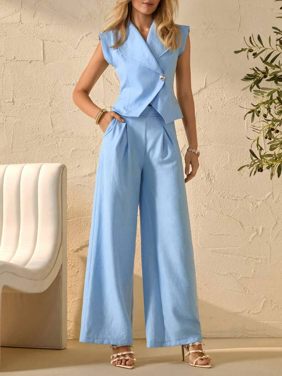 Bóhologie Conjunto casual de chaleco de un solo pecho de unicolor y pantalones largos plisados para mujer - Celeste - Ver 1