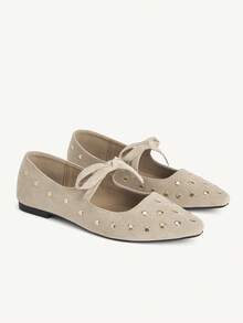 CUCCOO CHICEST Nuevos zapatos planos de punta cuadrada de unicolor, cómodos y casuales con decoración de moño, versátiles para primavera y otoño - Albaricoque - Ver 10