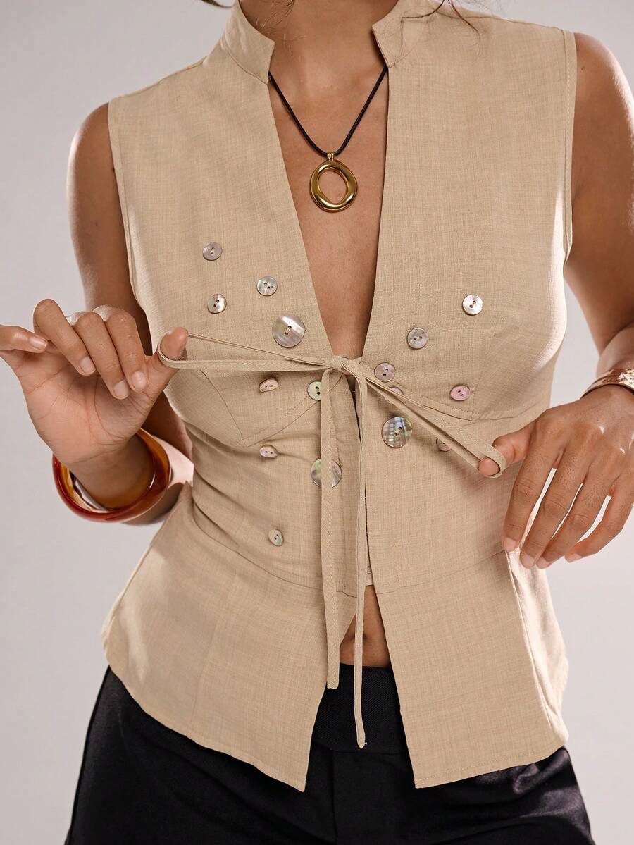 Avantive 春夏音乐会 女士外出休闲 2000年代 Y2K 90年代 俱乐部 复古 锐舞 音乐节 老钱 街头服饰 狂欢节 情人节 女士 狂欢节服装 情人节假期 女士 优雅 海滩 休闲 女士 海滩假期 女士 度假 贝壳装饰上衣 - 卡其色 - 查看 1