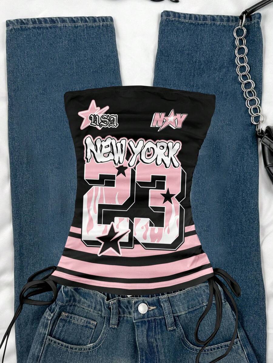 SHEIN EZwear 女士休闲抽绳系带露脐抹胸上衣 - 彩色 - 查看 1