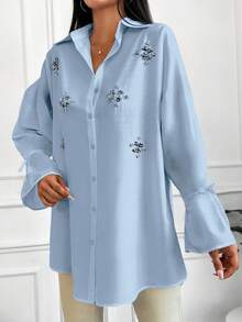 EURMUSE Cotton Pearls Beaded Knot Cuff Drop Shoulder Shirt Brunch Office Light Blue Autumn Smart Casual Elegant - Baby Blue - View 7