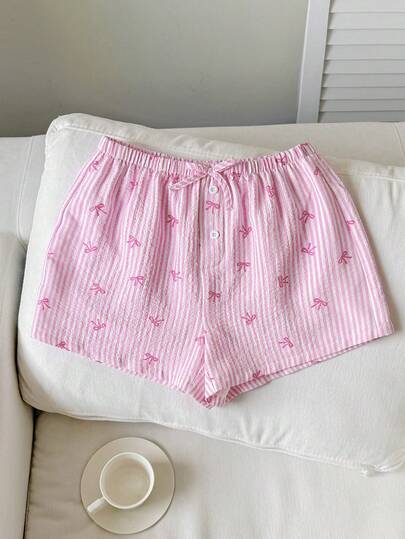 SHEIN Kids Summer Spring Squishy  Teen Girls Shorts Summer Elegant Stripe Print Sweet Pink Bow Striped Low Waisted Elastic Shorts Bow Shorts Girl Boxer Shorts Cute Shorts Pink Striped Shorts Girls Pajama Shorts Bow Print Shorts