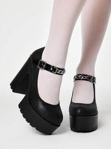 ROMWE Grunge Punk Giày cao gót đế dày, màu trơn, chất liệu vải sần, gợi cảm dành cho nữ, thích hợp đi hộp đêm, dự tiệc. Giày cao gót Mary Jane thời trang xuân/thu, trang trí dây xích kim loại, thoải mái khi đi làm, công sở. - màu đen - Xem 1