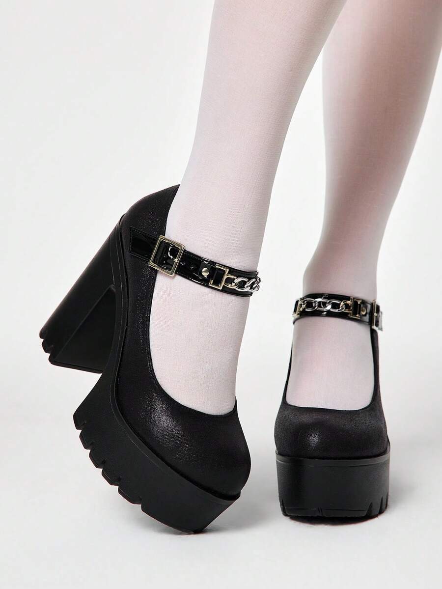 ROMWE Grunge Punk Giày cao gót đế dày, màu trơn, chất liệu vải sần, gợi cảm dành cho nữ, thích hợp đi hộp đêm, dự tiệc. Giày cao gót Mary Jane thời trang xuân/thu, trang trí dây xích kim loại, thoải mái khi đi làm, công sở. - màu đen - Xem 1