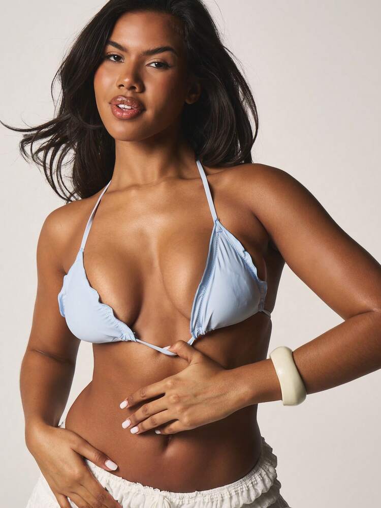 MISSGUIDED Scalloped Edge Triangle Bikini Top With Tie Detail Halter Neck Summer Beach Swimwear
