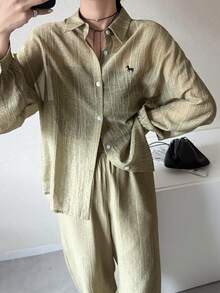 FRIFUL 女士舒适休闲衬衫和阔腿裤两件套 - 綠色 - 查看 5